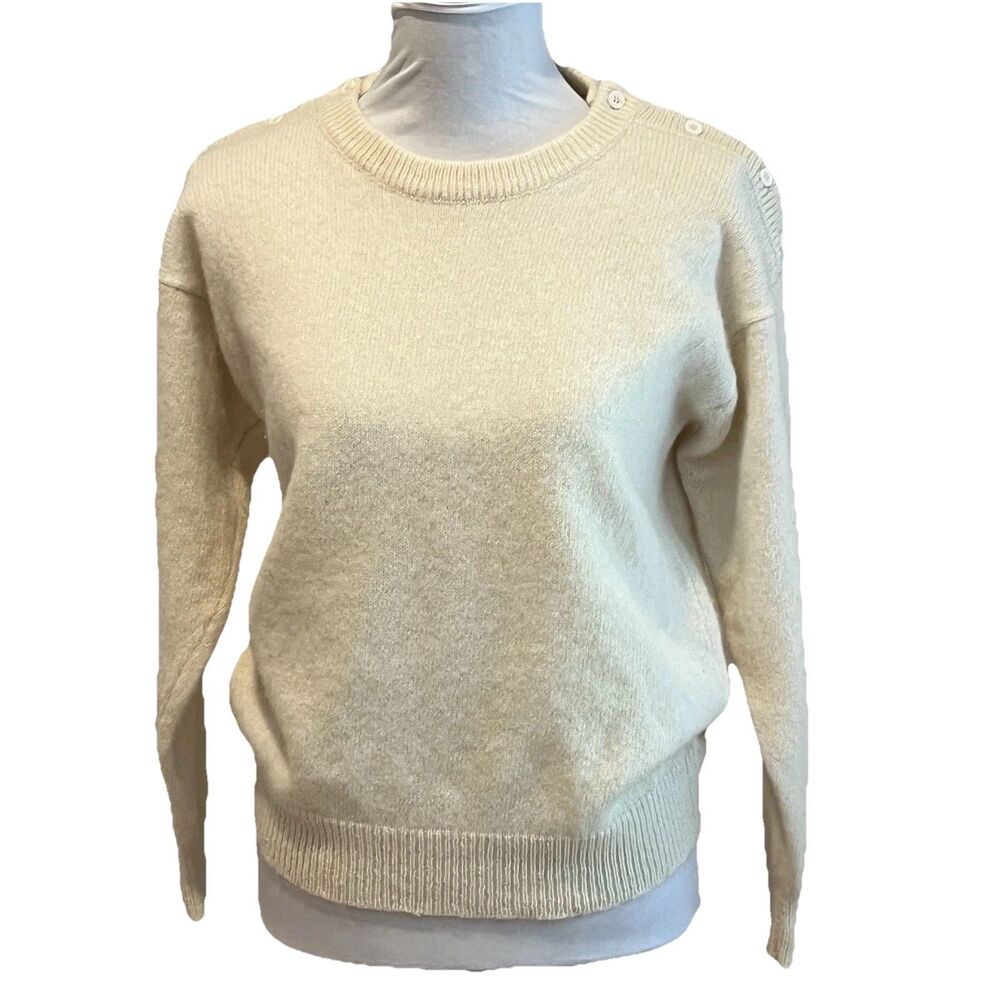 Daniel Caron Wool  Sweater Off White Cream Crew Neck shoulder buttons
